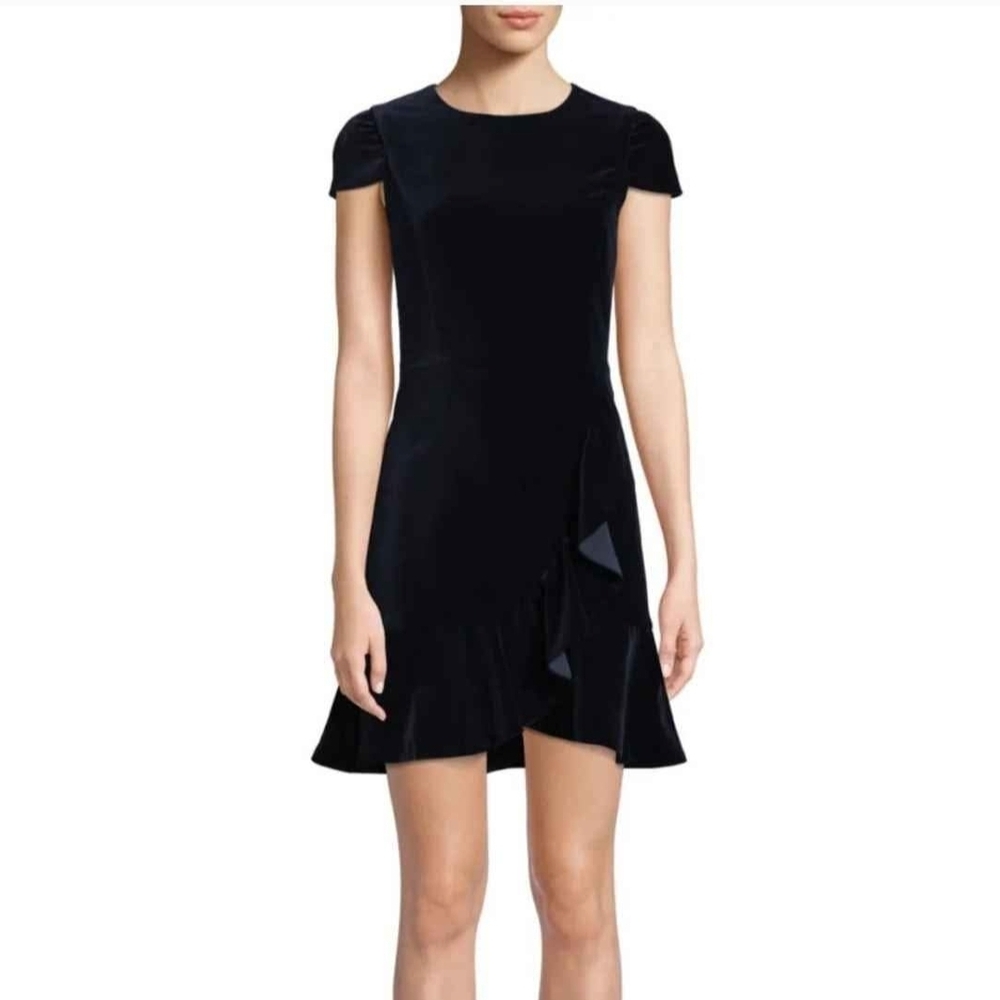Alice + Olivia Enid Ruffled Velvet Mini Dress. Navy Blue, Size 2